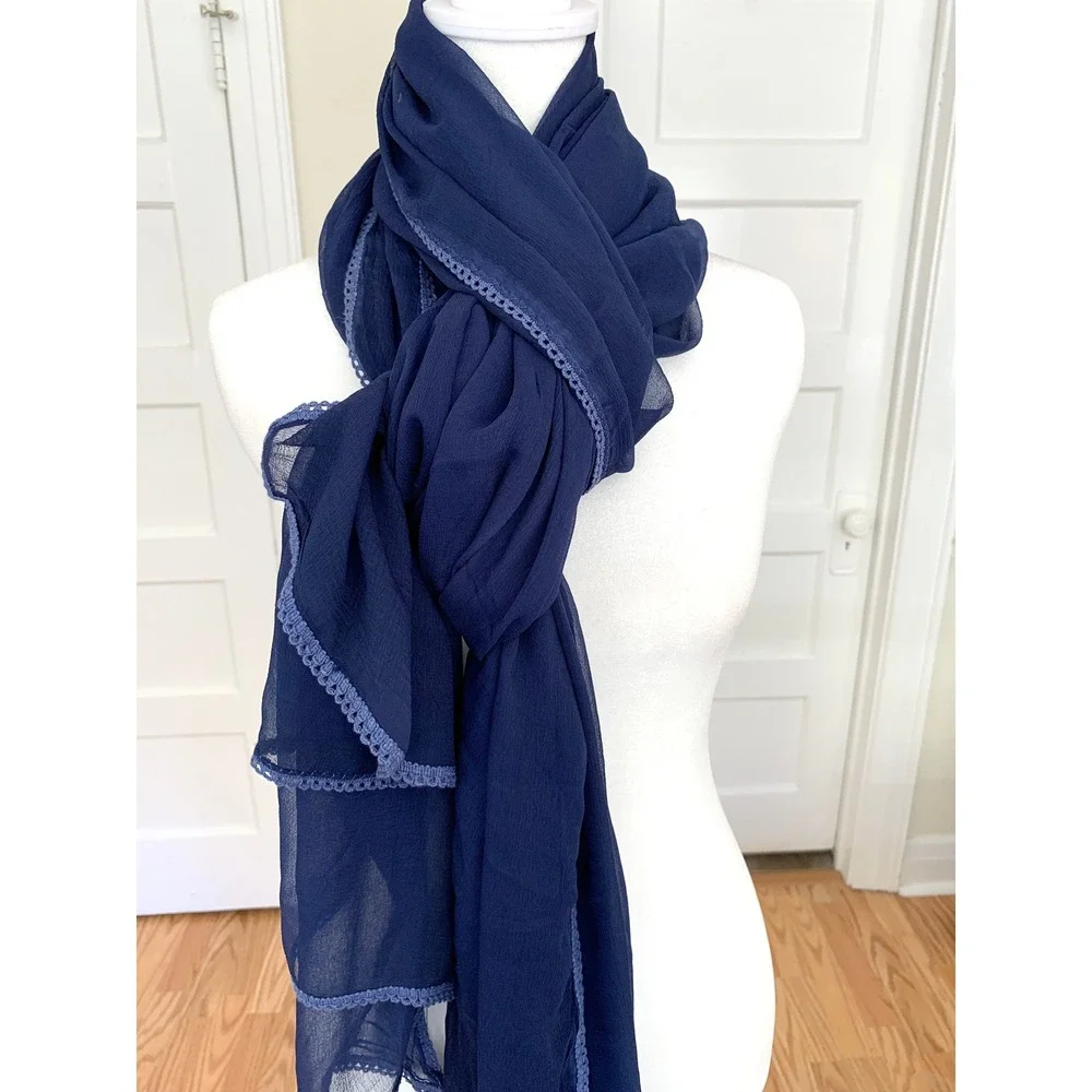 Navy Sheer Scarf 46 x 92 with Delicate Lace Detail Cerulean Blue Rectangle